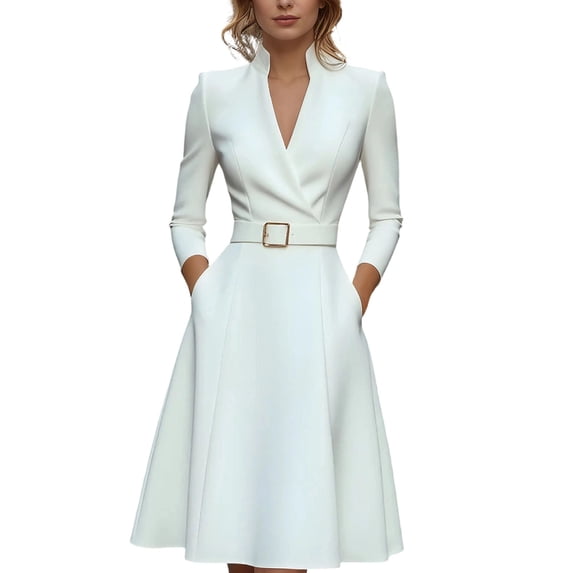 Rggeeun Women'S Dress Solid Color Elegant Ankle-Length V-Neck Long Sleeve Loose Fit Soft Fabric With Waist Shirring Design & Sashes Belt For Summer Streetwear Leisure Dresses,White,Xl