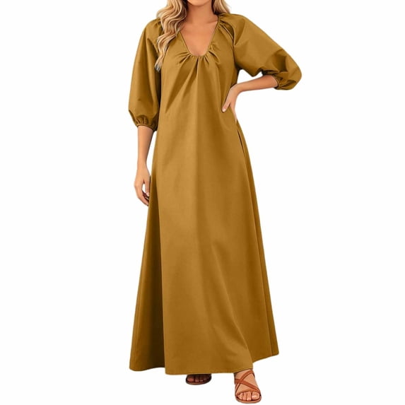 Rggeeun Women'S Dress Solid Color Half Sleeve With Pleated V-Neck Waist Draping Ankle-Length Loose Fit Soft Breathable Lightweight For Summer Holiday Vacation Beach Adorable Sundress,Yellow,Xxxxl
