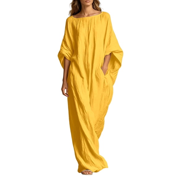 Rggeeun Women'S Dress Solid Color Loose Fit Ankle-Length Short Sleeve Crew Neck Soft Breathable Lightweight Fabric For Summer Holiday Vacation Beach Versatile Sundress,Yellow,S