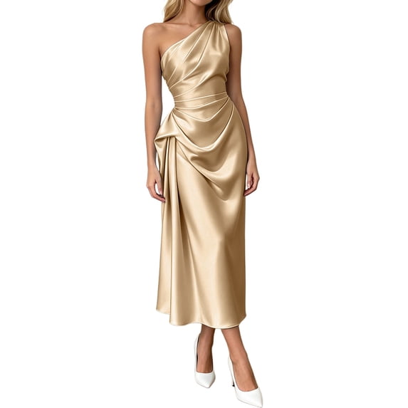 Rggeeun Women'S Dress Solid Color One-Shoulder Sleeveless Square Neck Elastic Ankle-Length Soft Fabric Slim Fit For Summer Outdoor Play Leisure Dresses,Khaki,L