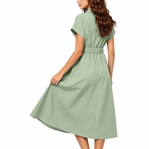 Rggeeun Women'S Dress Solid Color Short Sleeve Collar Loose Fit Knit Elastic Lightweight Fabric Ankle-Length For Summer Holiday Vacation Beach Cozy Dresses,Green,Xxxl