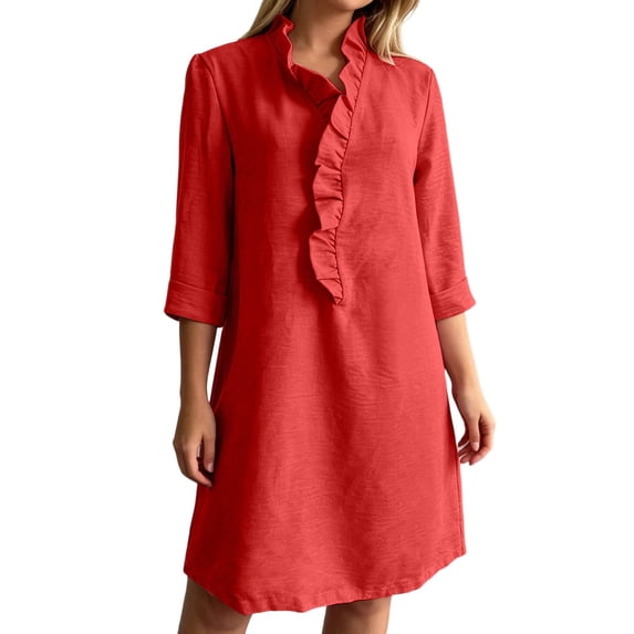 Rggeeun Women'S Dresses Solid Color Graceful Long Sleeve With Ruched Ruffle Design Collar Knee-Length Loose Fit Lightweight Fabric For Summer Casual Daily Wear Classic Playwear,Rd2,M