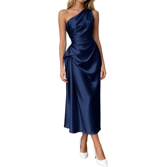 Rggeeun Women'S Dresses Solid Color One-Shoulder Sleeveless Square Neck Elastic Ankle-Length Soft Fabric Slim Fit For Summer Casual Daily Wear Preppy Wear,Navy,Xl