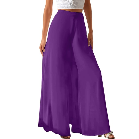Rggeeun Women'S Pants Solid Color Elastic High Waist Ankle Length Curved Hem Wide Leg Loose Fit Soft Drape With Side Pockets For Evening Party Elegant Bottoms,Purple,Xxl
