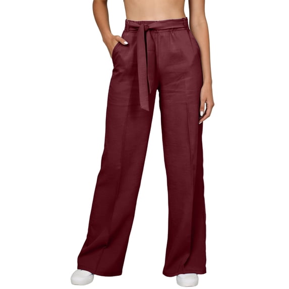 Rggeeun Women'S Pants Solid Color Elastic High Waist Wide Leg Ankle Length Soft Relaxed Fit With Adjustable Sashes Belt & Side Pockets For Summer Holiday Beach Kawaii Bottoms,,Xxl