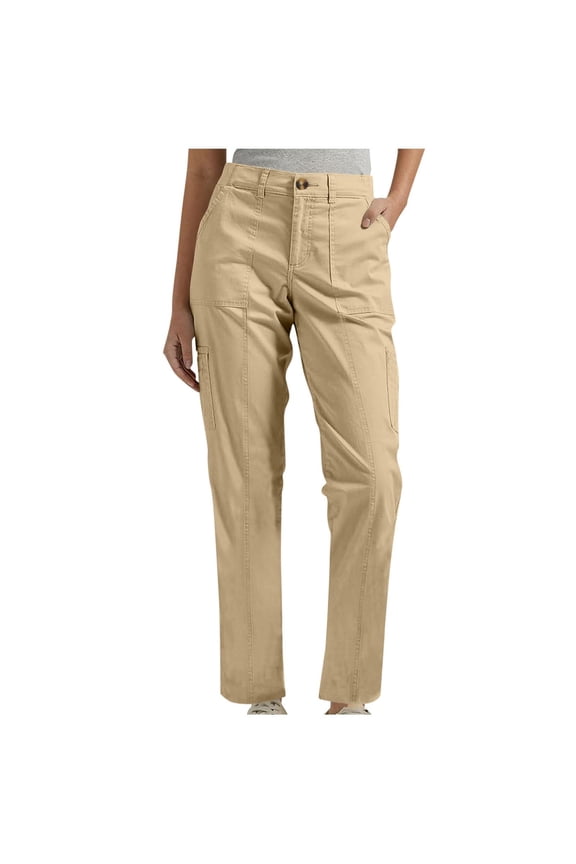 Women'S Pants Solid Color Straight Leg With Pockets Elastic High Waist Cargo Ankle Length Slim Fit For Summer Splash Fun Cute Bottoms,Khaki,M