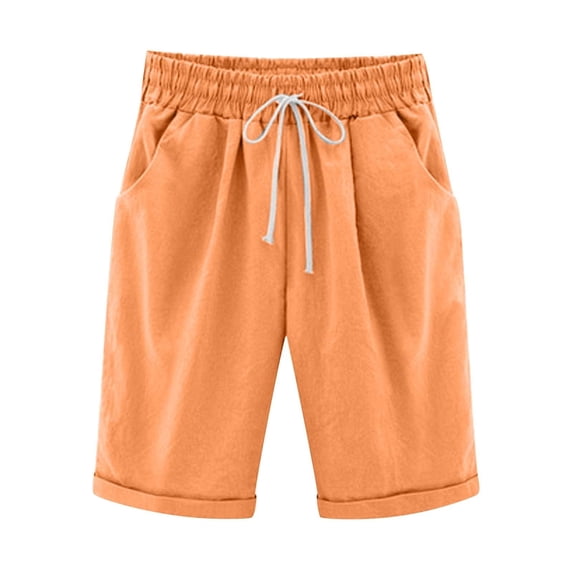 Rggeeun Women'S Shorts Solid Color Elastic High Waist Cotton Linen Straight Leg Soft Knee-Length Loose Fit With Side Pockets & Adjustable Tie For Summer Evening Party Delicate Bottoms,Orange,Xxxl