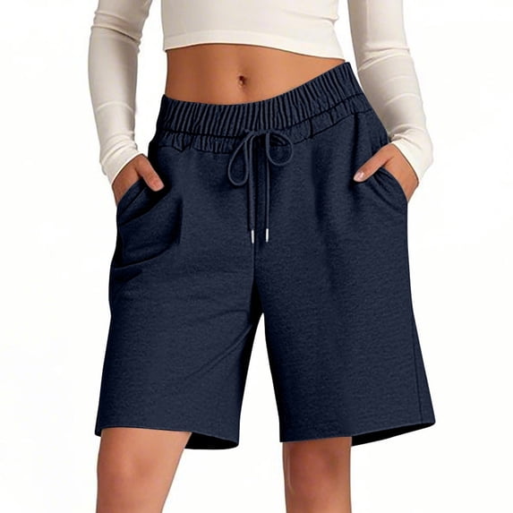 Rggeeun Women'S Shorts Solid Color Elastic High Waist Knit A Line Soft Loose Fit With Side Pockets & Adjustable Tie For Summer Travel Party Stylish Hot Pants,Navy,M