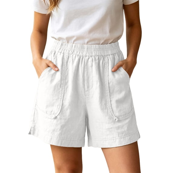 Rggeeun Women'S Shorts Solid Color Elastic High Waist Loose Fit Wide Leg Cotton Linen With Side Pockets For Everyday Wear Basic Bottoms,White,Xxxxl