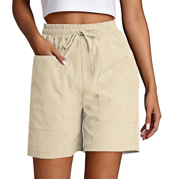 Rggeeun Women'S Shorts Solid Color Elastic Waist Knit Soft Cargo Knee-Length Pleated Loose Fit With Adjustable Tie & Side Buttons For Summer Play Sports Delicate Bottoms,Beige,L