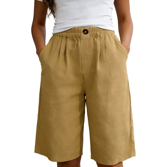 Rggeeun Women'S Shorts Solid Color Elastic Waist Soft Lightweight Loose Fit Knee-Length Knit With Pleated & Buttons For Summer Work Versatile Hot Pants,Yellow,M