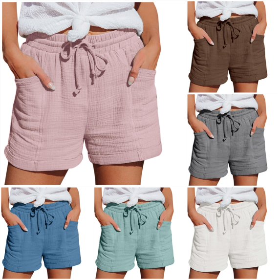 Rggeeun Women'S Shorts Solid Color Soft Breathable Knit Wide Leg Above Knee with Side Pockets & Adjustable Tie Loose for Summer Party Night Simple Bottoms,Pink,M