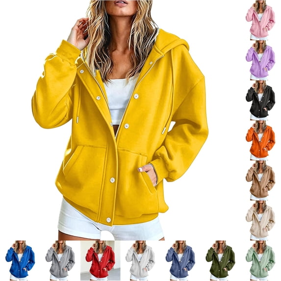 Rggeeun Women'S Sweatshirt Hoodie Solid Color Long Sleeve Snap & Zip Up Hooded Adjustable Drawstring Side Pockets Thickened Fall Winter Beach Lounging Leisure Tops,Yellow,M