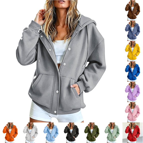 Rggeeun Women'S Sweatshirt Hoodie Solid Color Long Sleeve Snap & Zip Up Hooded Adjustable Drawstring Side Pockets Thickened Fall Winter Gym Simple Tops,Gray,Xl