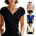 thumbnail image 1 of Rggeeun Women'S T-Shirts Solid Color Satin Short Sleeve Wrap V Neck Drape Lightweight for Summer Training Graceful Tee,Black,M, 1 of 4