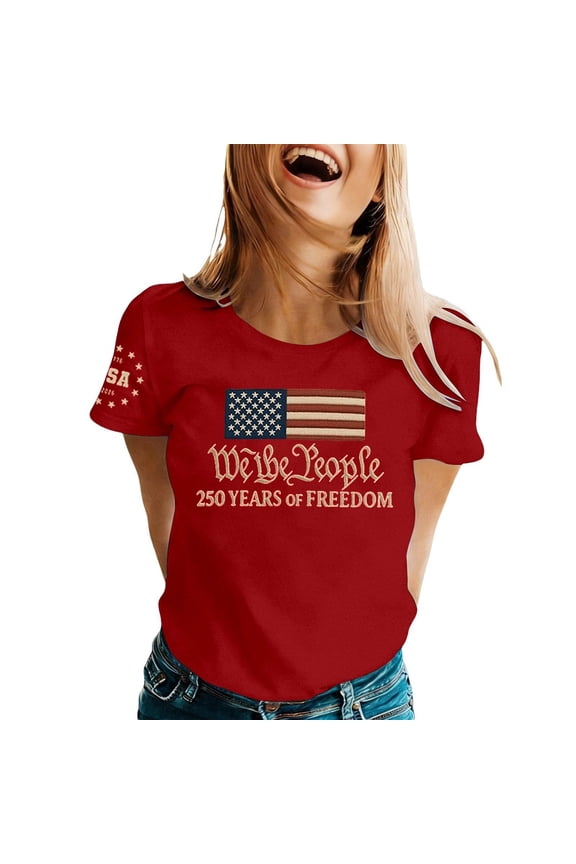 Women'S T-Shirts Stylish Stars With Stripes & We The People Letter Print Short Sleeve Crew Neck For 4Th Of July Outdoor Activities Casual Look Tee,Red,S
