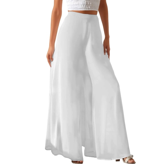 Rggeeun Women'S Trousers Solid Color Elastic High Waist Ankle Length Curved Hem Wide Leg Loose Fit Soft Drape With Side Pockets For School Activities Delicate Bottoms,White,Xxl
