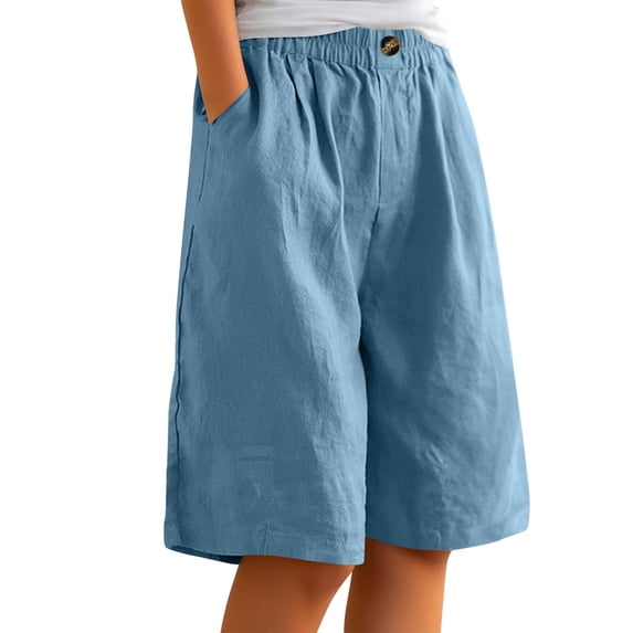 Rggeeun Women'S Trousers Solid Color Elastic High Waist Knee Length Wide Leg Loose Fit Breathable Pleated With Side Pockets & Front Button Trim For Daily Wear Adorable Bottoms,Blue,S