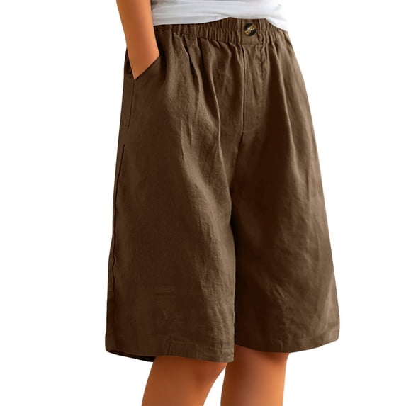 Rggeeun Women'S Trousers Solid Color Elastic High Waist Knee Length Wide Leg Loose Fit Breathable Pleated With Side Pockets & Front Button Trim For Party Leisure Bottoms,Brown,S