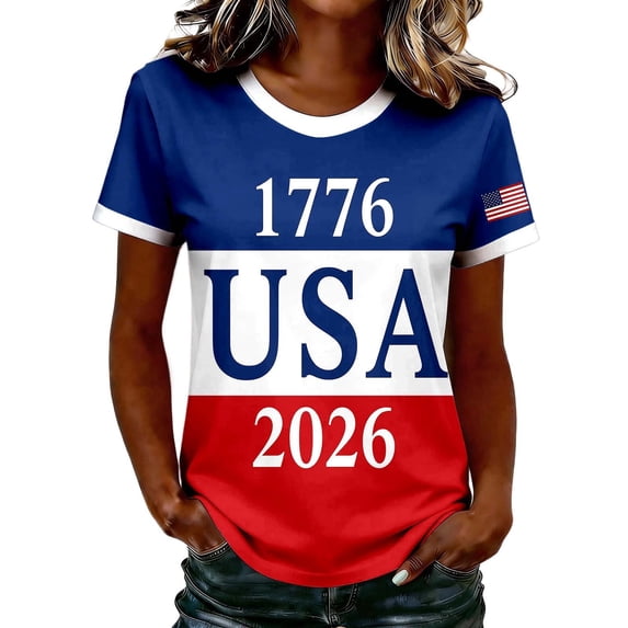 Rggeeun Women Shirts Color Block Design Red White And Blue & 1776-2026 U.S.A.Letter Print Short Sleeve Crew Neck For 4Th Of July Fireworks Holiday Versatile Basic Tee,Blue,L