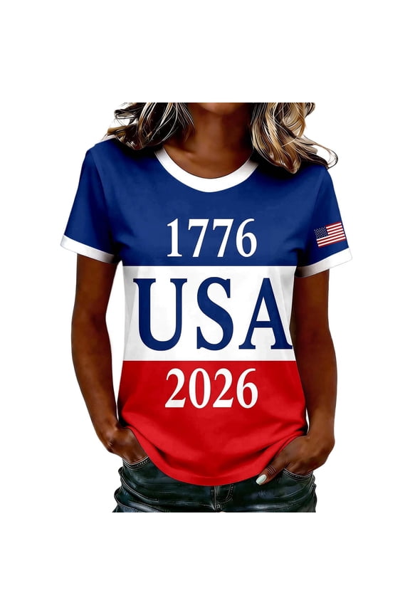 Women Shirts Color Block Design Red White And Blue & 1776-2026 U.S.A.Letter Print Short Sleeve Crew Neck For 4Th Of July Fireworks Holiday Versatile Basic Tee,Blue,L