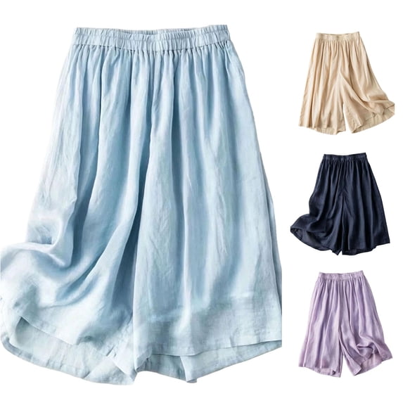 Rggeeun Women Shorts Flowy Summer Solid Color Draping Wide Leg Soft Breathable with Side Pockets Knee Length for Play Sports Stylish Bottoms,Blue,Xxxxl