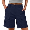 thumbnail image 1 of Rggeeun Women Shorts Solid Color Elastic High Waist Buttons Cargo Knee-Length Loose Fit Soft Breathable With Pockets For Summer Play Sports Kawaii Hot Pants,Navy,S, 1 of 4