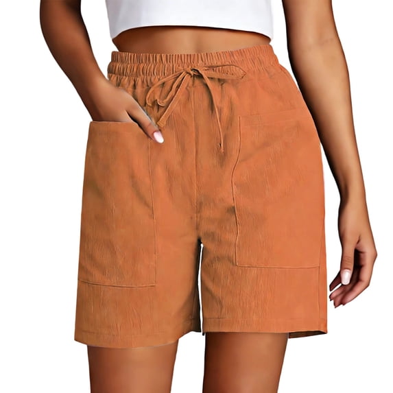 Rggeeun Women Shorts Solid Color Elastic Waist Knit Soft Cargo Knee-Length Pleated Loose Fit With Adjustable Tie & Side Buttons For Summer Running Trendy Hot Pants,Brown,Xxl