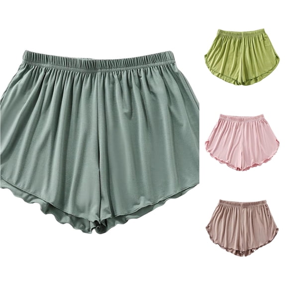 Rggeeun Women Shorts Summer Waist Draping Elastic Above Knee Relaxed Fit Lightweight Smooth Ruffled Hem for Summer Training Basic Bottoms,Green,M