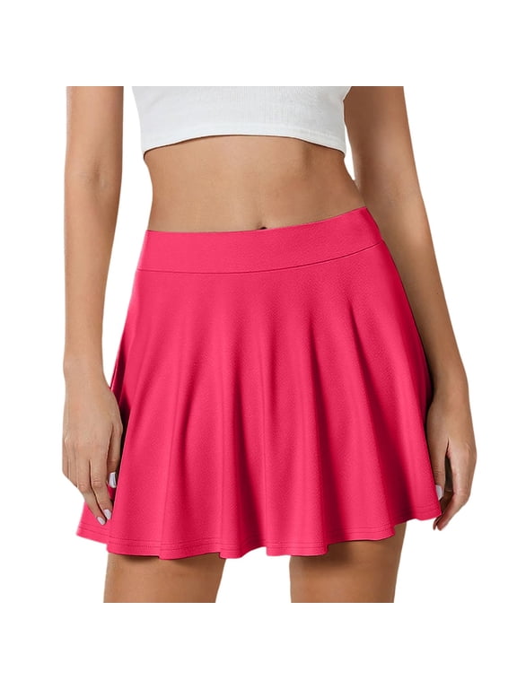 Women Skirts Solid Color A-Line Mini High Elastic Waist Soft Lightweight Fabric Loose Fit With Pleated Ruffle For Summer Pool Party Elegant Skirt,Hot Pink,L