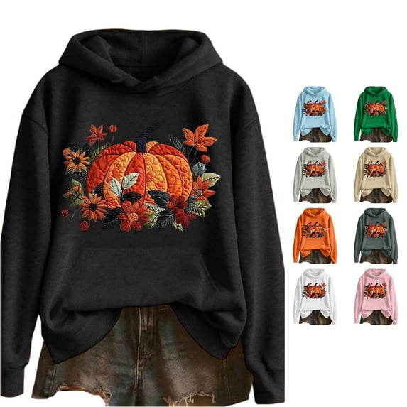 Rggeeun Women Sweatshirt Hooded Halloween Themed Pumpkin & Colorful Floral Pattern Long Sleeve Hooded wth Pockets Soft Relaxed for Fall Winter Play Sports Delicate Tops,Black,S
