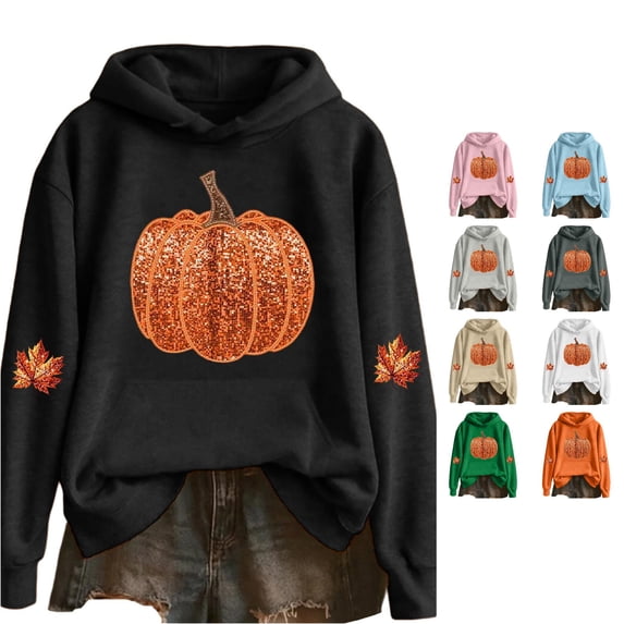 Rggeeun Women Sweatshirt Hooded Halloween Themed Pumpkin & Maple Leaf Pattern Long Sleeve Hooded wth Pockets Soft Relaxed for Fall Winter Play Sports Delicate Tops,Black,S
