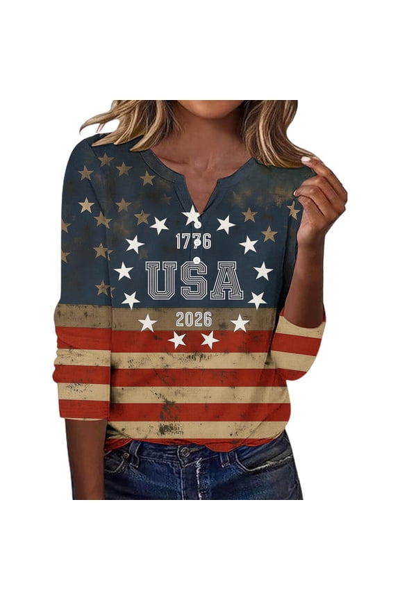 Women T-Shirts Retro Style Stripes With Stars Pattern & 1776-2026 Letter Print 3/4 Sleeve V Neck For 4Th Of July Outdoor Play Soft Breathable Tee,Red,Xl