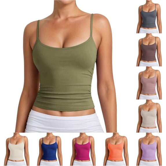 Rggeeun Women Tank Tops Cropped Camisole Spaghetti Strap Slim Fit Solid Color Square Neck Waist Shirring for Summer Outdoor Running Versatile Sleeveless,Green,Xs