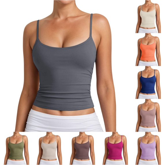 Rggeeun Women Tank Tops Cropped Camisole Spaghetti Strap Slim Fit Solid Color Square Neck Waist Shirring for Summer Party Elegant Sleeveless,Gray,S