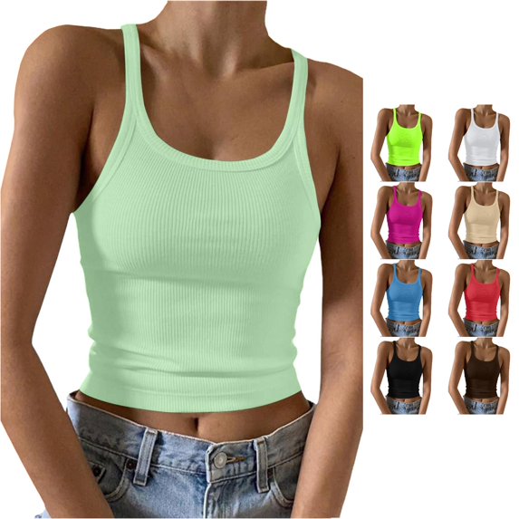 Rggeeun Women Tank Tops Cropped Ribbed Vest Solid Color Spaghetti Strap U Neck Slim Fit Lightweight for Summer Evening Party Stylish Sleeveless,Green,M