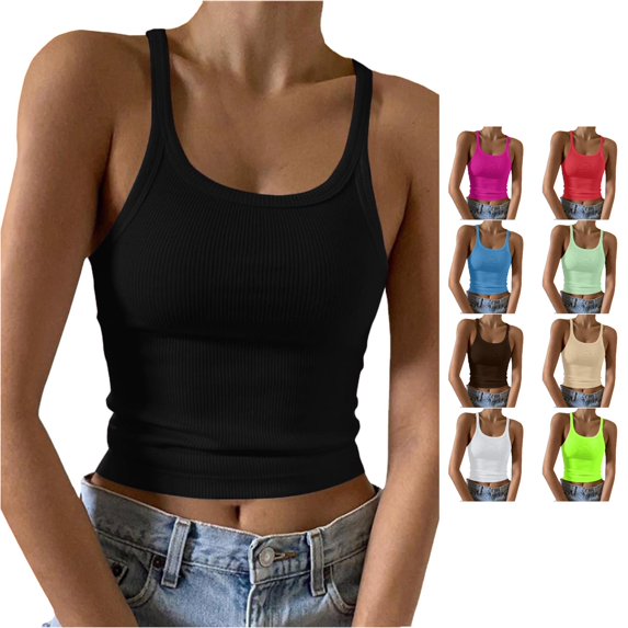 Rggeeun Women Tank Tops Cropped Ribbed Vest Solid Color Spaghetti Strap U Neck Slim Fit Lightweight for Summer Party Night Stylish Sleeveless,Black,Xxl