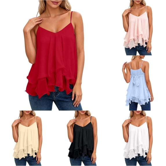Rggeeun Women Tank Tops Flowy Camisole Spaghetti Strap V Neck Loose Solid Color With Layered Ruched Ruffle For Summer Daily Wear Delicate Sleeveless,Red,Xl