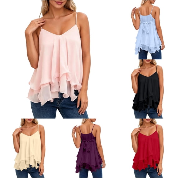 Rggeeun Women Tank Tops Flowy Camisole Spaghetti Strap V Neck Loose Solid Color With Layered Ruched Ruffle For Summer Evening Party Casual Sleeveless,Pink,Xl