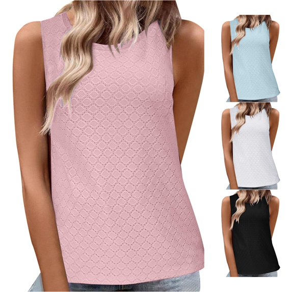 Rggeeun Women Tank Tops Flowy Vest Loose Fit Plus Size Embossed Design Solid Color Wide Strap Breathable For Summer Everyday Use Leisure Sleeveless,Pink,S