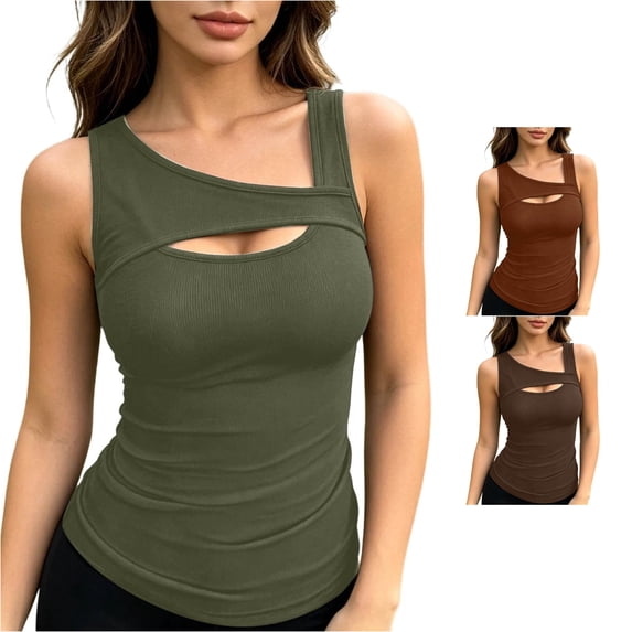 Rggeeun Women Tank Tops Ribbed Square Neck Wide Strap Vest Hollow Front Slim Fit Waist Shirring Elastic For Summer Outdoor Picnics Versatile Sleeveless,Green,Xl