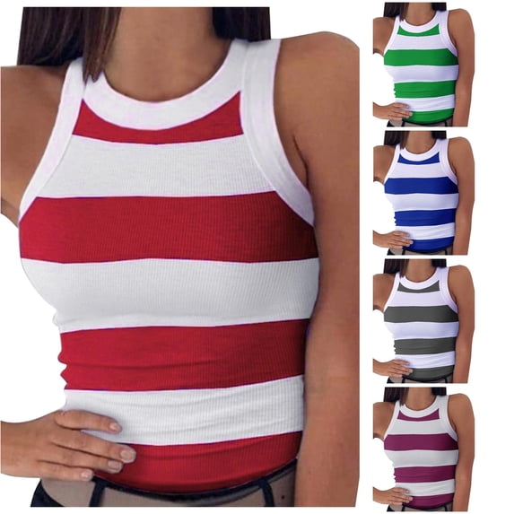 Rggeeun Women Tank Tops Ribbed Vest Colorful Striped Pattern Elastic Slim Fit Crew Neck Soft Lightweight For Summer Yoga Everyday Use Delicate Sleeveless,Red,S