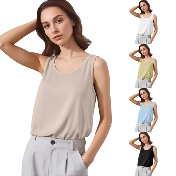Rggeeun Women Tank Tops Solid Color U Neck Wide Strap Vest Elastic Relaxed Fit Waist Draping Soft for Summer Outdoor Play Elegant Sleeveless,Beige,L