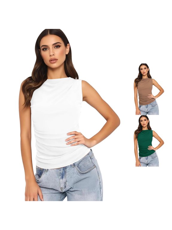 Women Tank Tops Solid Color Vest Crew Neck Cold Shoulder Elastic Relaxed Fit Soft Breathable for Summer Outdoor Picnics Simple Sleeveless,White,S