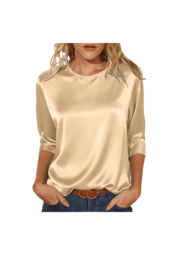 Women Tee Half Sleeve Loose O-Neck Solid Color Soft Everyday Basic Shirt Comfortable Breathable Top For Ladies,M,Beige