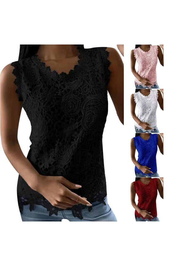 Women Tee Shirts Lace Embossed Wide Strap Sleeveless U Neck Relaxed Fit Loose Plus Size for Summer Outdoor Picnics Leisure Tees,Black,L