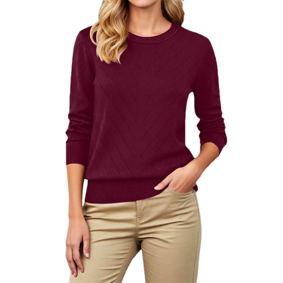 Rggeeun Women Tee Shirts Long Sleeve Fashion Loose Knit Crewneck Solid Color Pullover Soft Comfortable Casual Top For Everyday Wear,Wine,XL