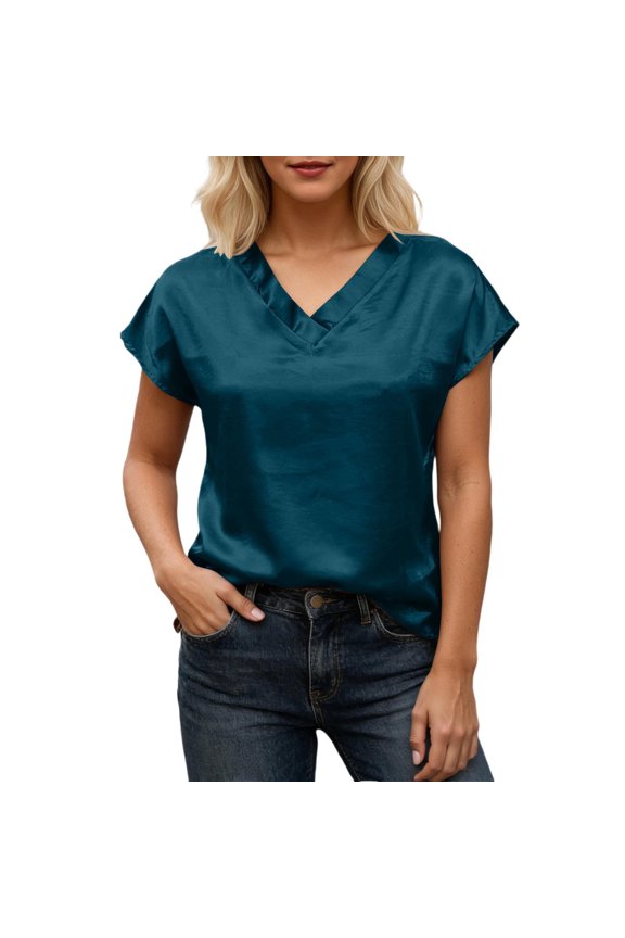 Women Tee Short Sleeve V-Neck Loose Casual Summer Solid Color Tshirt Top For Summer Daily And Workday Wearing,XL,Green