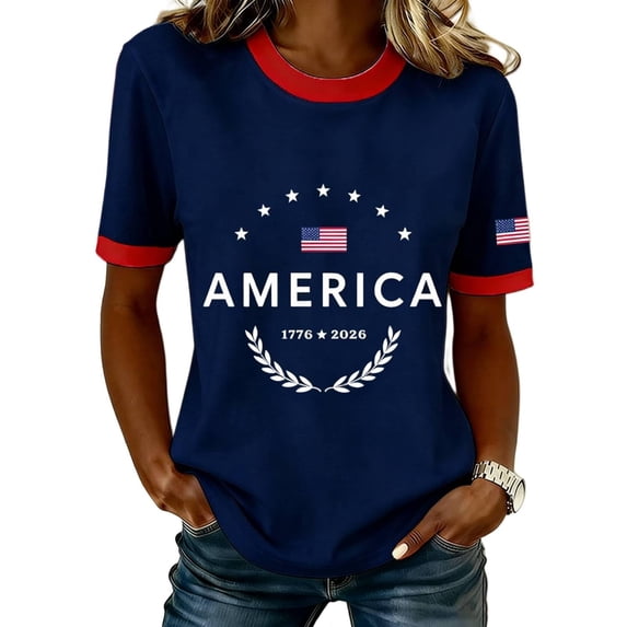 Rggeeun Women Tees American Flag Graphic & 1776-2026 Letter Print Short Sleeve Crew Neck For 4Th Of July Summer Celebration Lightweight Tops,Navy,Xxxxl