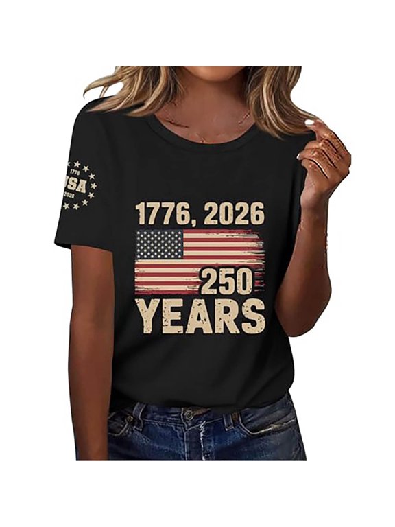 Women Tees Stripes,Alternating Red And White And Five-Pointed Stars Print Short Sleeve Round Neck For 4Th Of July Summer Everyday Lightweight Tops,Black,L